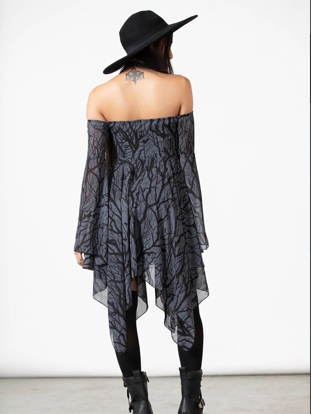 Killstar Gothic Lace-Up Asymmetrical Black & Gray Off-Shoulder Dress - Picture 7 of 8